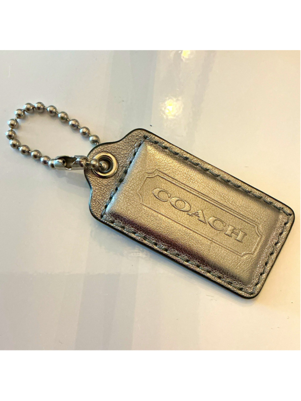 Coach Silver Leather & Metal Logo Key Chain Keyring for Women Solid